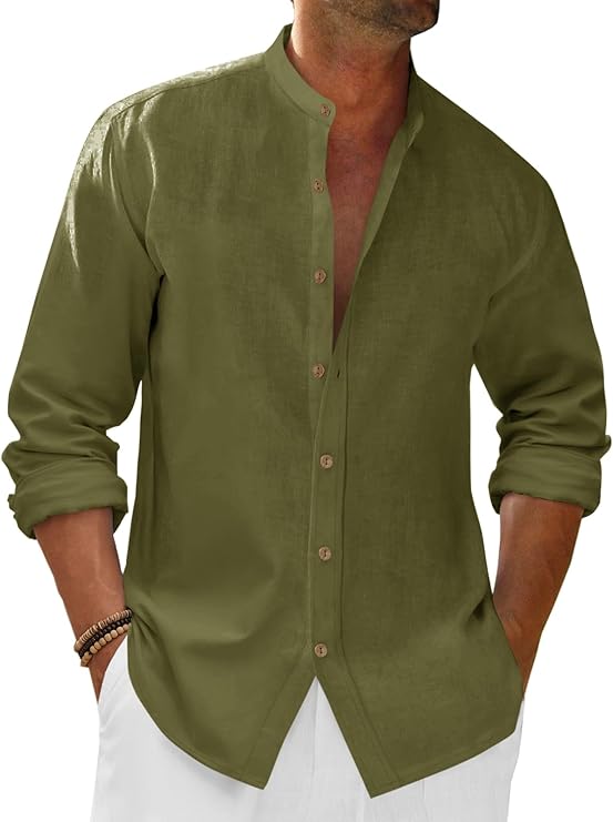 Runcati Mens Linen Shirts 3/4 Sleeve Button Down Summer Beach Shirt