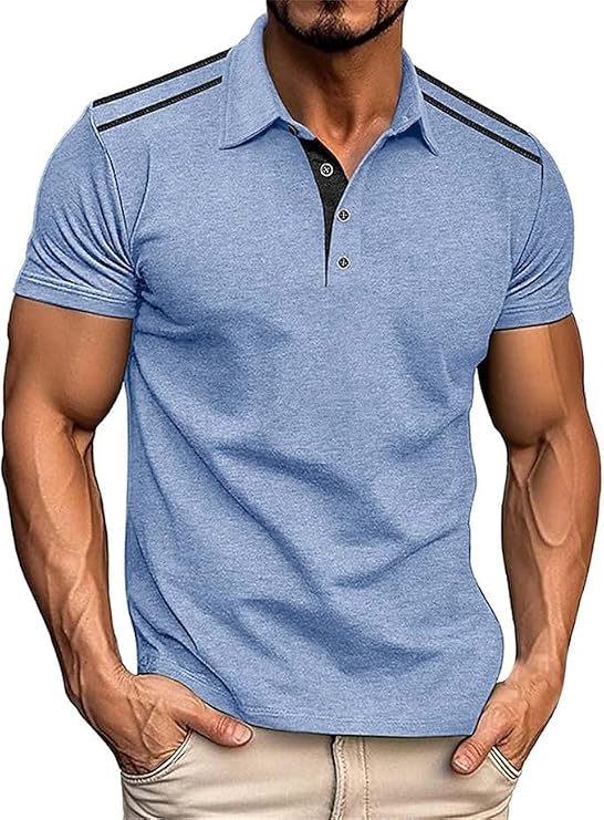 Men's Short-Sleeved Lapel Polo Shirt Button Color Blocked Henley Shirts Business Fashion Basic Golf Tee Shirt