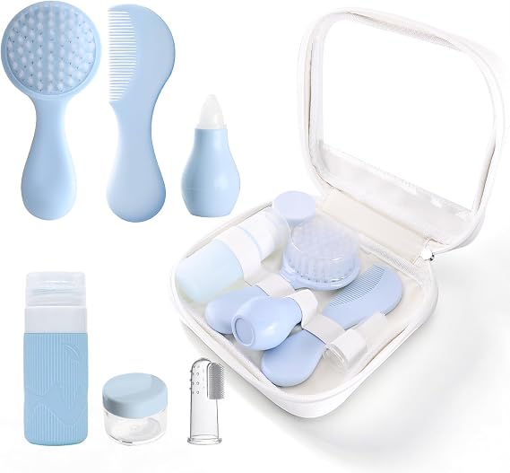 6Pcs Newborn Grooming Kit,Portable Travel Baby Care Set, Soft PP Hair Brush Comb,Silicone Nasal Aspirator,Leakproof Travel Lotion Shampoo Bottles,Finger Toothbrush for Infant,Blue