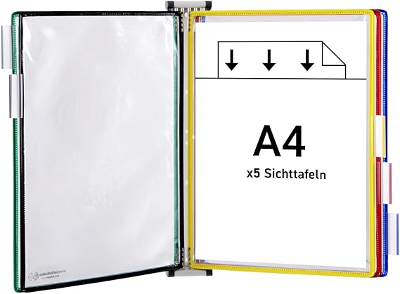 Djois 414159 – Metal Wall System A4 PVC 5 Display Panels Assorted Robust metal anti-reflective display panels wall mounted for office workshop warehouse and industry