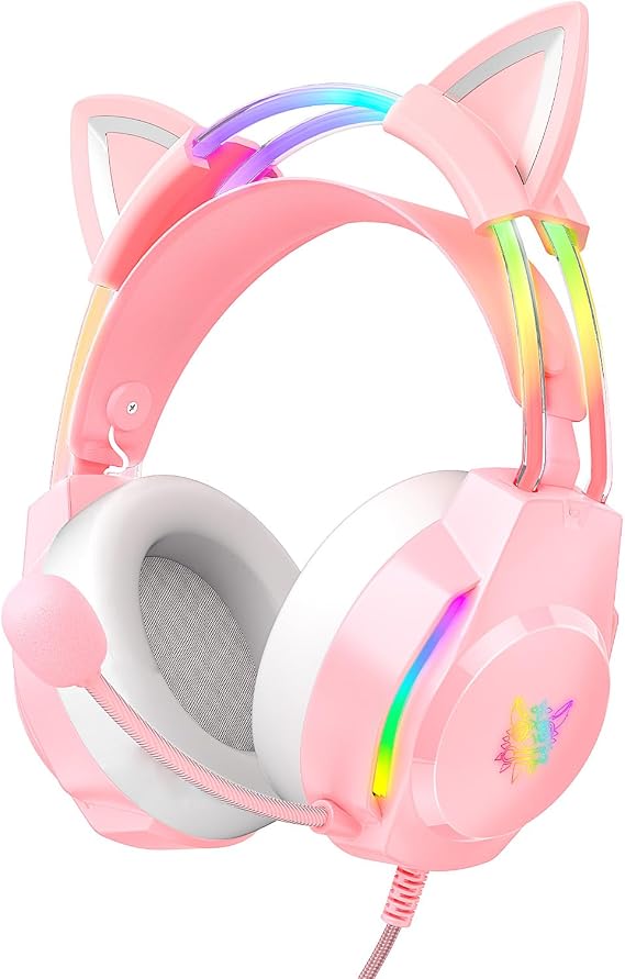 Gaming Headset with Cat Ears, RGB Backlight Headphones for PC/PS4/PS5/XBOX/Switch with Noise Cancelling Mic- Virtual 7.1 Surround Sound, Lightweight Design & Auto-Adjust Headband, Pink