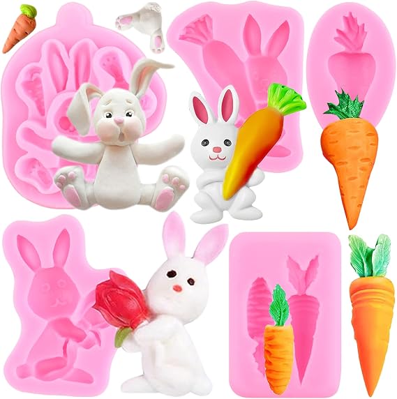 Easter Bunny Silicone Fondant Molds Rabbit Fondant Mold Carrot Easter Molds For Cake Decorating Cupcake Topper Chocolate Gum Paste Candy Polymer Clay Set Of 5