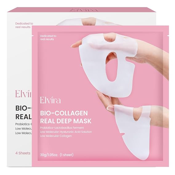 Elvira Bio-Collagen Real Deep Mask, Overnight Hydrating Face Mask, 4 Pack