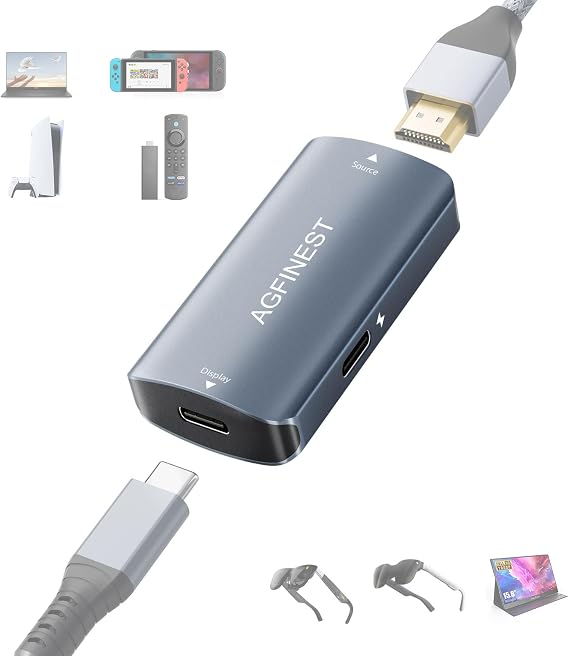 HDMI to USB C Adapter for AR Glasses - 4K@60Hz 2K@120Hz HDMI Source to USB-C Display, Aluminum Housing, for PS5, Xbox, Switch, Laptop, Fire TV Stick to XREAL, Rokid, RayNeo, Viture, Portable Monitor