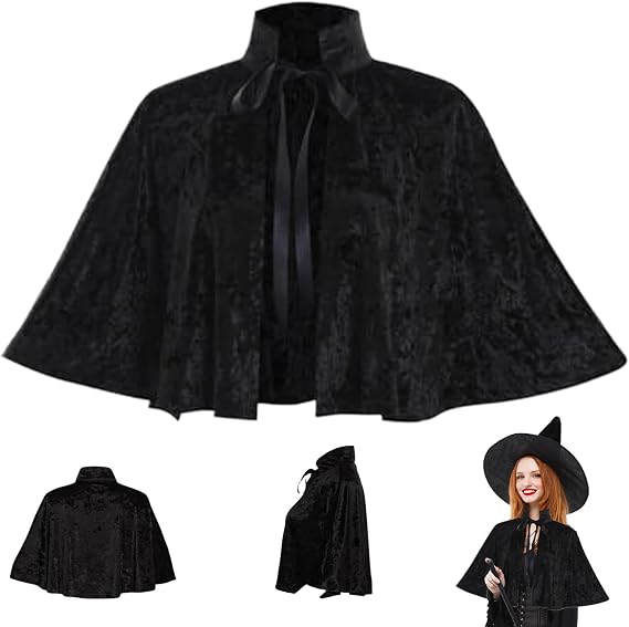 Black Cloak for Women, Short Velvet Medieval Shawl with Tie Strap, Gothic Witch Cape for Halloween Cosplay