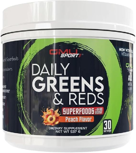 GMU SPORT Daily Greens and Reds, Super Greens Powder, 42 Superfoods, Probiotics, Adaptogens, Antioxidants for Gut Health, Superfood Powder for Mental Focus, Organic Greens Powder - Peach Berry Flavor