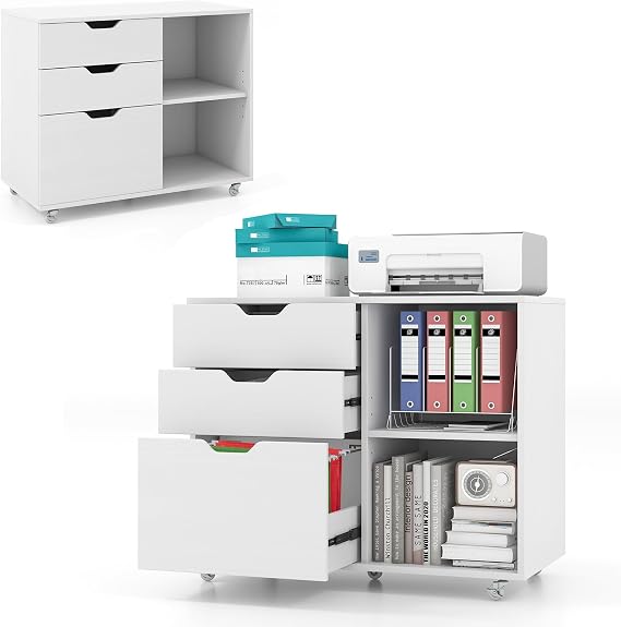 KOMFOTTEU Rolling Container with 3 Drawers & Adjustable Shelf Mobile Filing Cabinet with 5 Wheels Printer Stand Office Cabinet Side Cabinet for Letters A4 Legal (White)