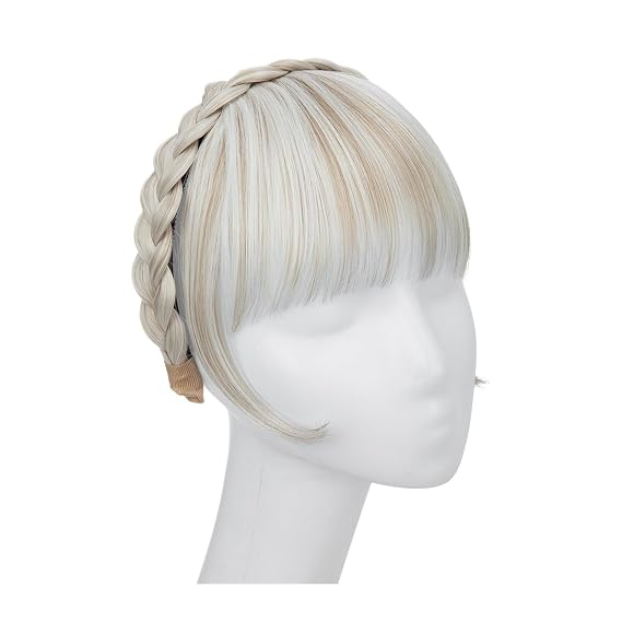 Bangs Hair Synthetic Headband Bangs Extension Fake Hair Blunt Fringe with Long Sides for Women Natural False Black Brown Blonde Bang Bangs Hair Clip(Cold Blonde)