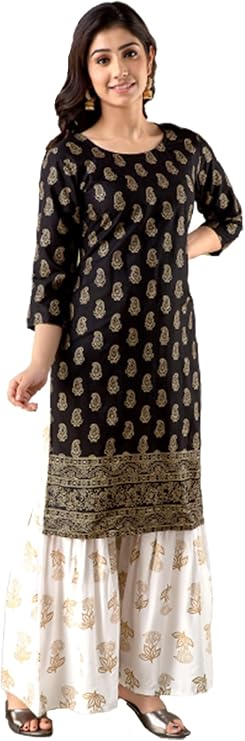 Kurti Sharara Set For Women Rayon Tunic Suit Sets Indian Summer Dress, (K163-P)