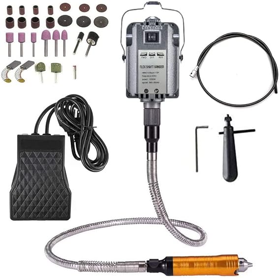 1200W Flex Shaft Grinder Rotary Tool Electric Hanging Carver, Forward and Reverse Rotation, Metalworking Jewelry Repair Kit, Foot Pedal Control, Metal Flexible Shaft, with Spare Inner Shaft