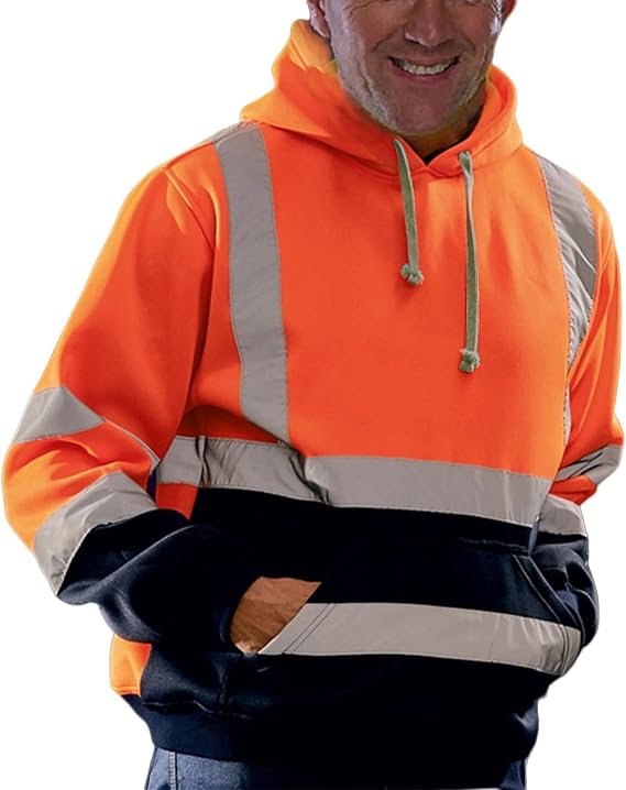 Hi Vis Hoodie Jackets for Men Reflective Safety Work ANSI Class 3 Waterproof Hood High Visibility Sweatshirt Pullover