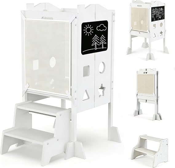 HONEY JOY Foldable Toddler Tower, Wooden Kitchen Stool Helper with 2 Step Stool, Anti-Slip Feet, Chalkboard, Kids Learning Standing Tower with Safety Net, Gift for Boys Girls, White