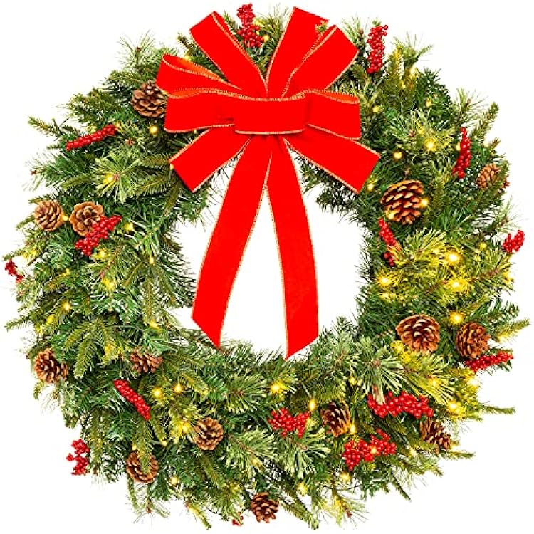 Best Choice Products 30in Pre-Lit Battery Powered Christmas Wreath Artificial Pre-Decorated Holiday Accent w 100 Lights, 276 PVC Tips, Ribbons, Pine Cones