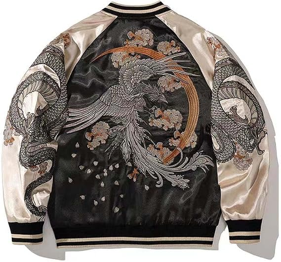 USTZFTBCL Sukajan Crane Embroidery Baseball Jacket Double-Sided Satin Bomber,Harajuku Style