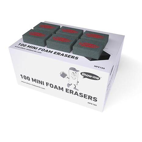 Show-Me Mini Rectangular Foam Whiteboard Eraser Pack, Lightweight Drywipe Board & Chalkboard Erasers for Schools & Classrooms, Versatile & Easy-to-Use, Black, 100PK