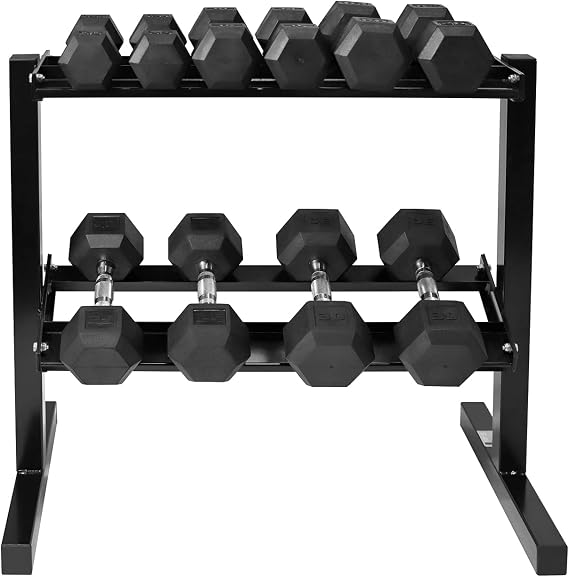 WF Athletic Supply Rubber Coated Hex Dumbbell Set with Two Tier Premium Storage Rack Built for Strength Building, Weight Loss & Home Gym Multiple Sets Available