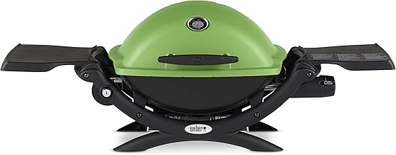 Weber Q1200 Liquid Propane Portable Gas Grill, Green 1Burner Travel and Camping Grill with CastIron Grates & Electronic Ignition (8,500 BTU Burner)