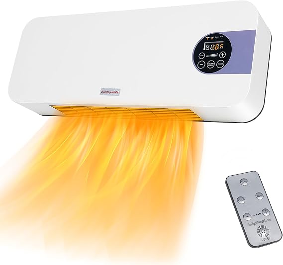 Wall Space Heater for Indoor Use Large Room 1500W Ceramic Electric Wall Heaters 3s Fast Heating with Remote Control Room Heater Timer Overheat Protection Heaters for Office Bedroom (White 2)
