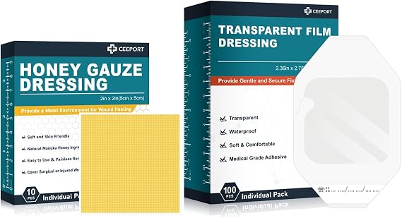Ceeport Manuka Honey Gauze Dressing(2" x 2" 10pcs)+Transparent Film Dressing (2.36" x 2.75" 100Pcs)