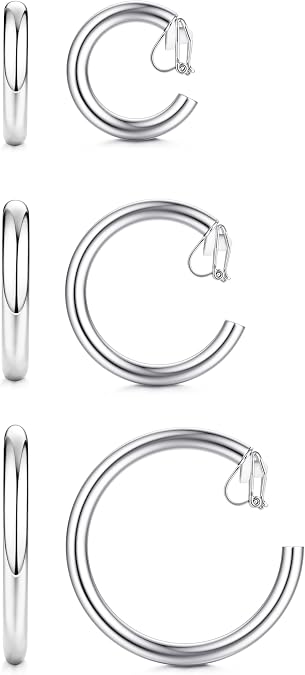 Florideco 3Pairs Clip on Earrings for Women Trendy Hypoallergenic Tube Croissant Clip-on Hoop Earrings Set Non Pierced