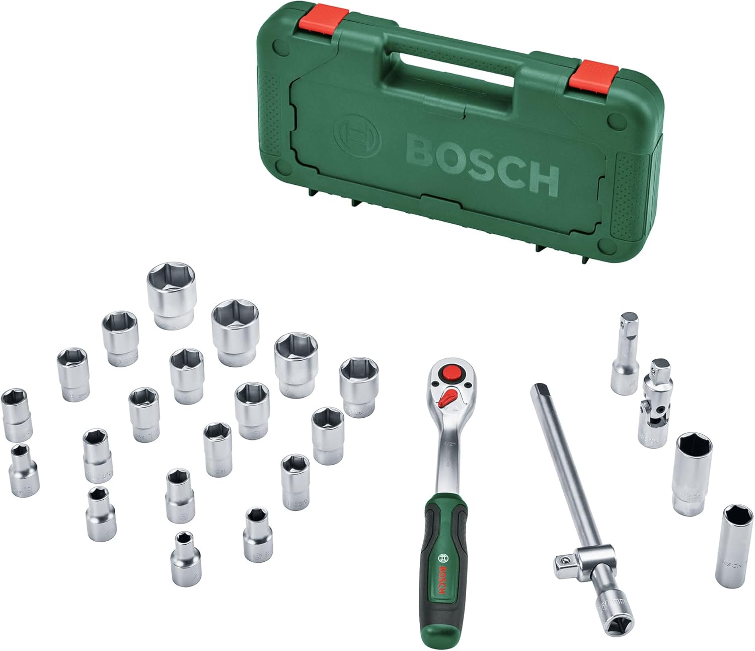 Bosch 12 inch ratchet, 25-piece set strong latch; high torque up to 768 Nm; locking button; intuitive direction change; curved neck; ergonomic soft handle; 24 accessories; bag