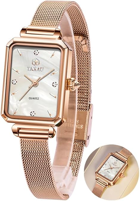 Taxau Women's Square Watch Mesh Bracelet Stainless Steel Rectangular Dress Watches for Women Fashion Business Analog Quartz Ladies Small Wrist Watch