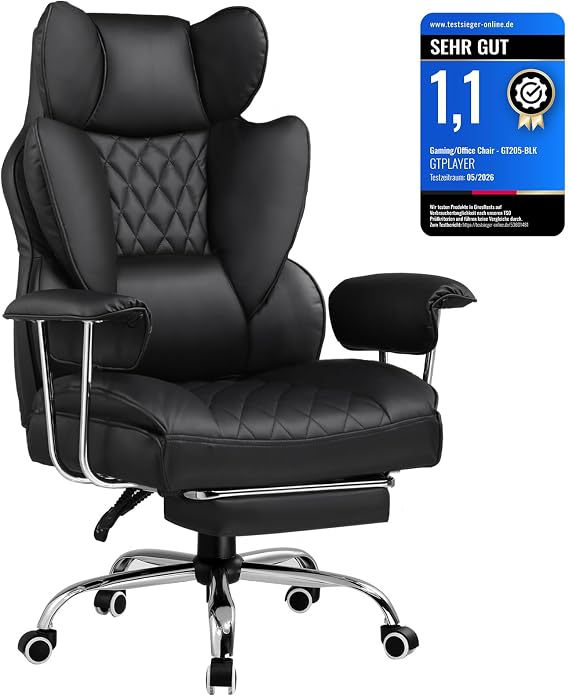 GTPLAYER Gaming Chair Office Chair with Pocket Spring Lumbar Support Wide Office Computer Chair with Outward Fixed Soft Armrests and Footrest 180 kg Leather Black