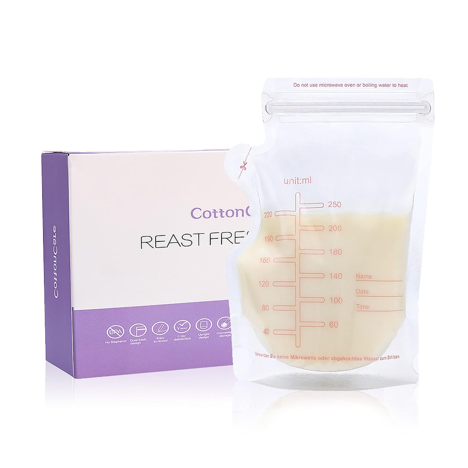 COTTONCARE Breast Milk Storage Bags, Ready to Use Breastmilk Bags,Self Standing Bag, Easy Write-on Label, Spout & Thickened Design, Double Zipper Seal, Fits All adapters, 8 Ounce,60 Count