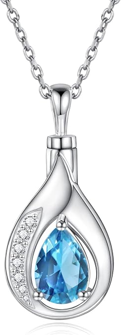 Sariel Teardrop Urn Necklace for Ashes - 925 Sterling Silver Blue Cremation Pendant Memorial Keepake Funeral Necklace Jewelry Gifts for Women Wife Mother