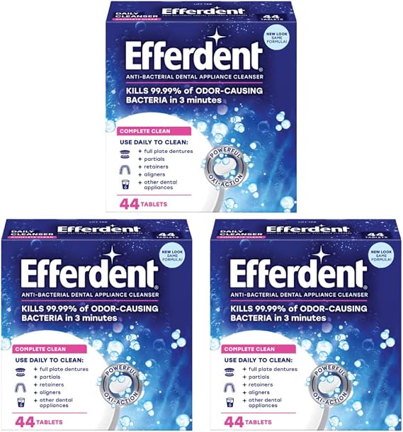 Efferdent Retainer & Denture Cleaner Tablets, Complete Clean, 44 Count, (Pack of 3)