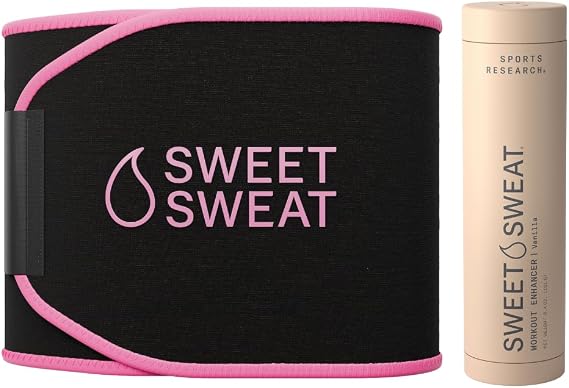 Sports Research Waist Trimmer Pack - Sweet Sweat Waist Trimmer (Black/Pink, Medium) & Vanilla Workout Enhancer Roll-On Gel (6.4oz)