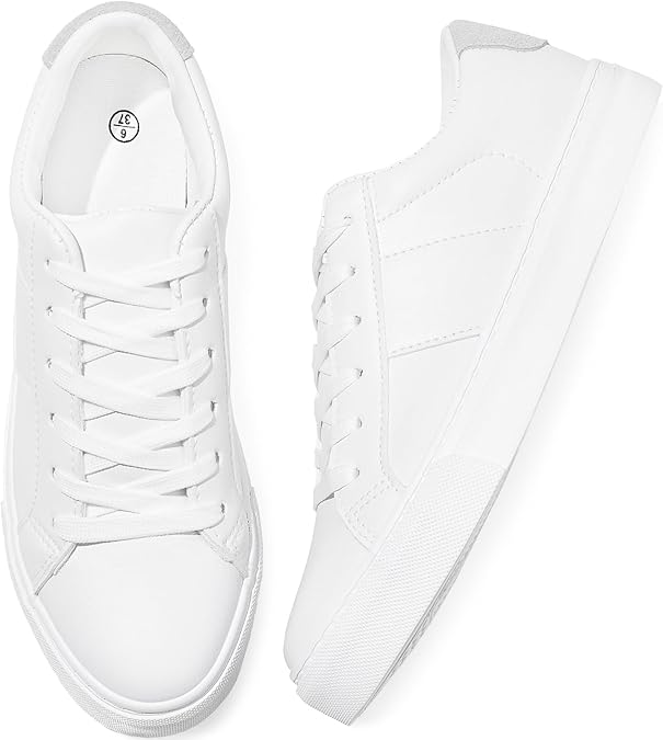 Adokoo Women's Fashion Sneakers PU Leather Casual Shoes White Tennis Low Top Shoes Womens Lace Up Sneakers