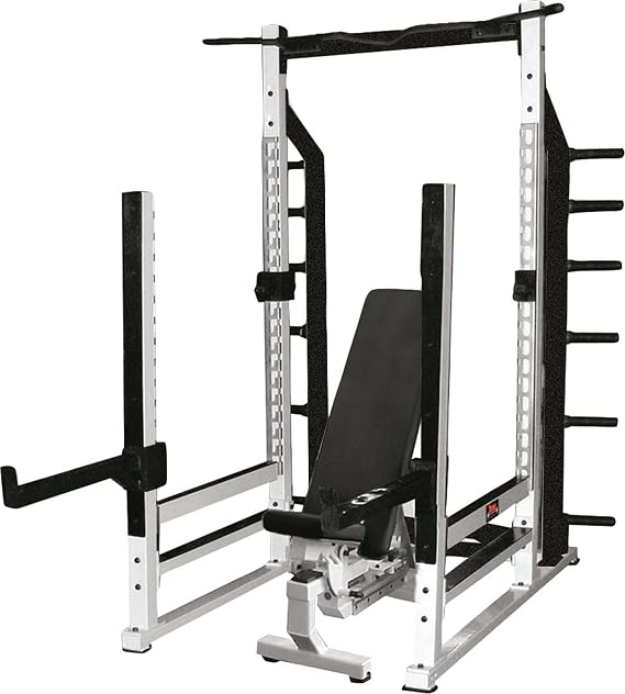 STS Multi-Function Power Rack, Heavy Duty Adjustable Strength Training Rack with Pull Up Bar, Integrated Storage and Hook Plate System, White Silver