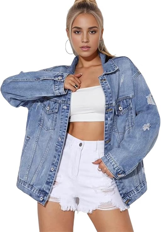 Womens Boyfriend Washed Crop Denim Jean Jacket Coat