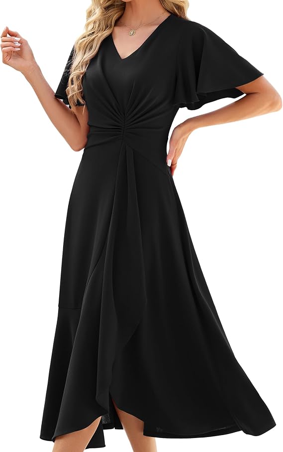 QMZ Women VNeck ALine Midi Evening Formal Dress for Wedding Guest Gala