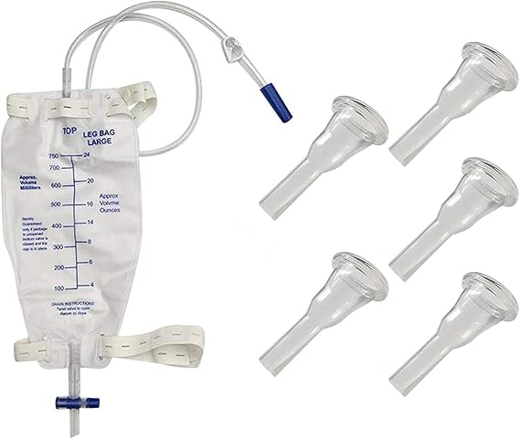 Male Urine Leg Bag Collector,5-Condom Catheters Self-Seal 35mm (Intermediate), Premium Leg Bag 750ml 30 Inch PVC Extension Tubing, Tubing Straps & Fast and Easy Draining