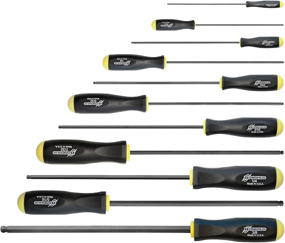 Bondhus 10737 Set of 11 Balldriver Screwdrivers, ProGuard Finish, Long Length, sizes 5/64-3/8-Inch