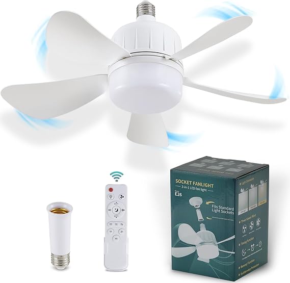 18" Socket Fan Light with Remote, Dimmable LED Ceiling Fans with Lights, Screw in Socekt Fans and 1 Socket Extender, 3 Colors 3000K-6500K, Replacement Light Bulb Fan for Kitchen Garage Bedroom, White