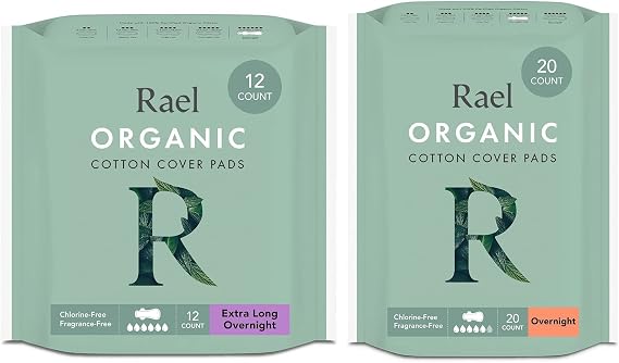 Rael Sanitary Pads for Women Overnight Bundle - Feminine Care, Unscented, Chlorine Free, Organic Cotton Cover Period Pads with Wings/Overnight (20 Count) & Extra Long Overnight (12 Count)