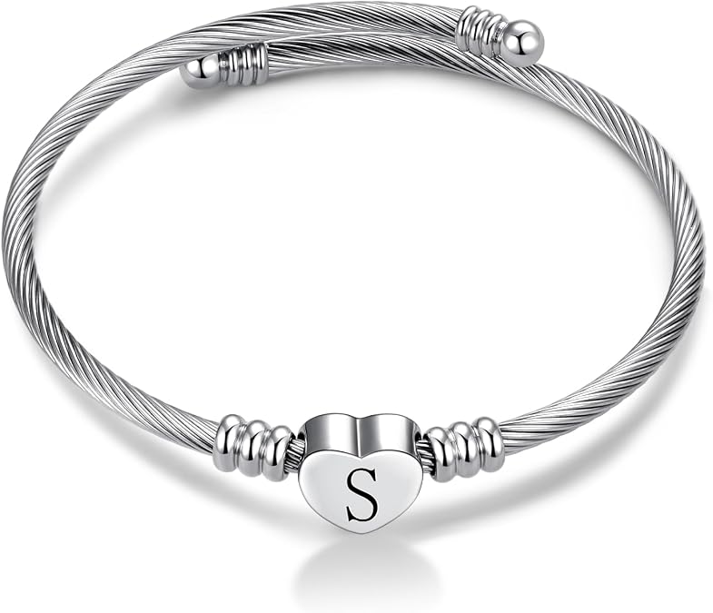 MiniJewelry Silver Heart Initial Letter A to Z Cuff Bangle Bracelets for Women Personalized Alphabet Name Stainless Steel