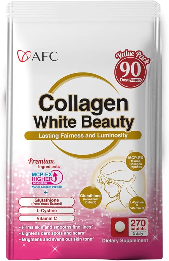 AFC Japan Collagen White Beauty with Marine Collagen Peptide, Glutathione, L-Cystine - 1.5X Better Absorption Than Other Collagen - Supports Skin Firmness & Radiance - 90 Days Supply - 270 Caplets