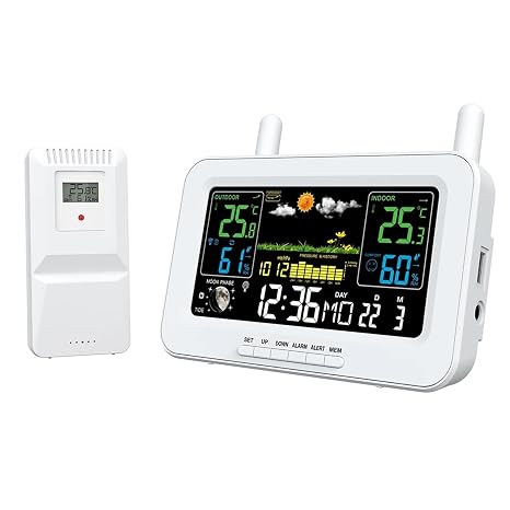 Weather Station, Digital Weather Station Clock Indoor Outdoor Forecast Thermometer Hygrometer with Wireless Sensor(Bianco)
