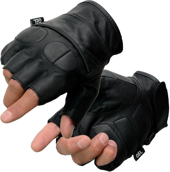 Milwaukee Leather SH462 Men's Black Leather Gel Palm Fingerless Motorcycle Hand Gloves W/Soft and Stylish Knuckle Pads