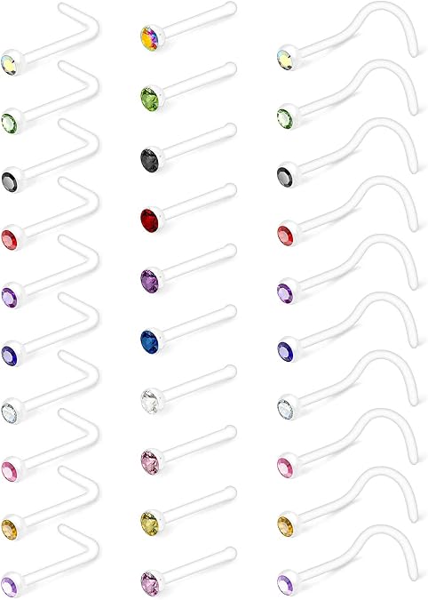 Mayhoop 20G 30Pcs Bioflex Clear Nose Rings Retainer Nose Piercing Retainer Mix Color CZ Body Jewelry Piercing for Women Men