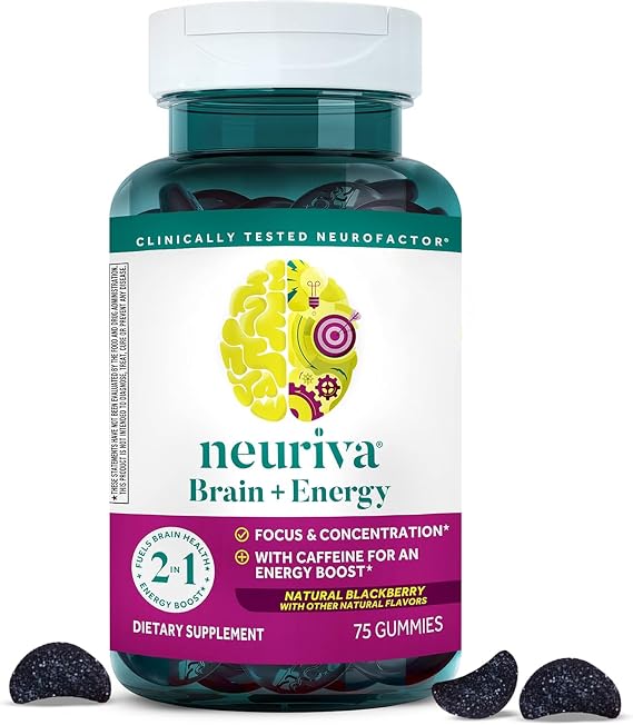 NEURIVA Brain + Energy Supplement - 75 Count Capsules | Brain Supplements for Focus, Concentration, Energy Boost, Vitamin B12, Caffeine, Neurofactor,