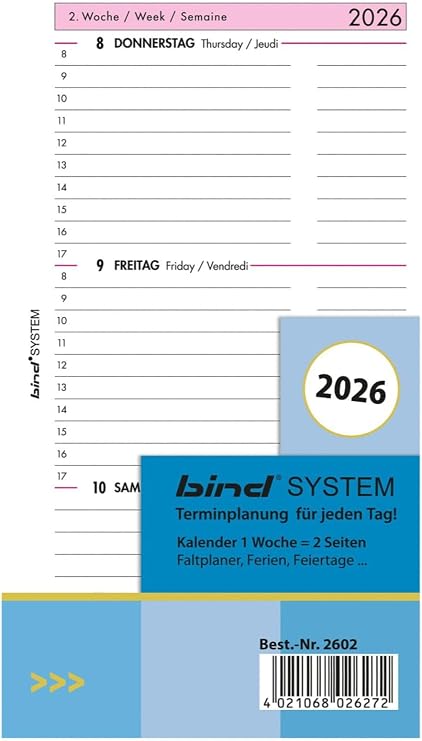 B260226 Calendar Insert for Manager Calendar A6, Timer Insert for Calendar Year 2026, 1 Week / 2 Pages, Appointment Calendar with System, Calendar for Bind System Planner and Standard Time