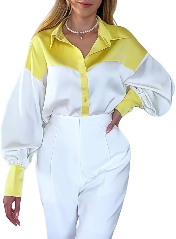 stylewe Loose Fit Button Down Blouse for Women Color Block Long Sleeve Casual Shirt 2025 Fashion