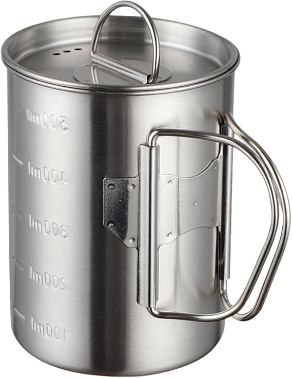 Camping Mug, 500ml/16.9oz Stainless Steel Camping Cup with Foldable Handle, Portable Backpacking Cup with Lid, Camping Coffee Mug for Outdoor Home Travel