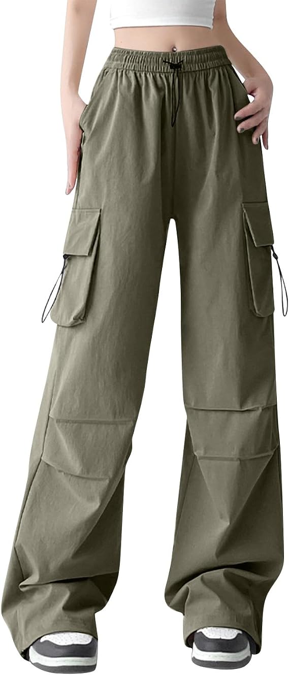 Baggy Cargo Pants Women Casual Drawstring Waist Ultra Wide Leg Pants Oversized Y2K Hiking Pants with Multi Pockets