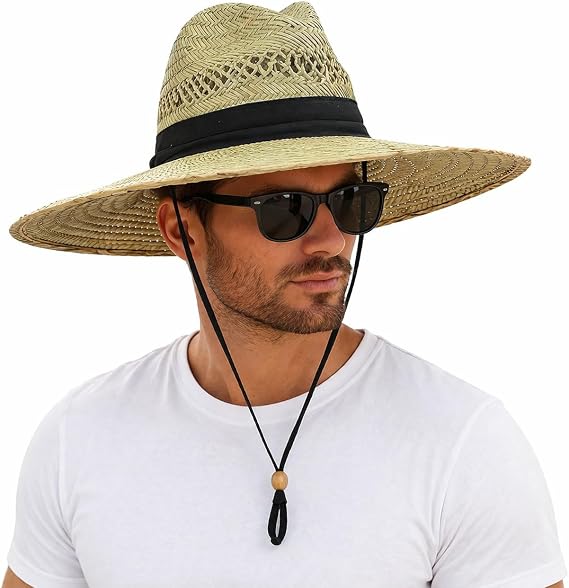 SUN & FUN Men's Straw Outback Lifeguard Sun Hat with Wide Brim, Natural/ Black, One Size / Adjustable